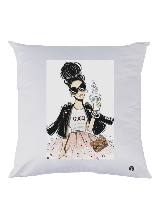 BP Fashionable Girl Printed Decorative Throw Pillow White/Black/Brown 30x30cm