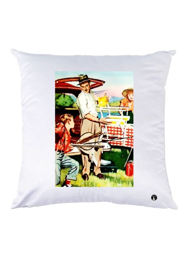 بي بي وسادة ديكور مزينة بطبعة رسمة مشهد نزهة أبيض/أخضر/أحمر 30x30سم