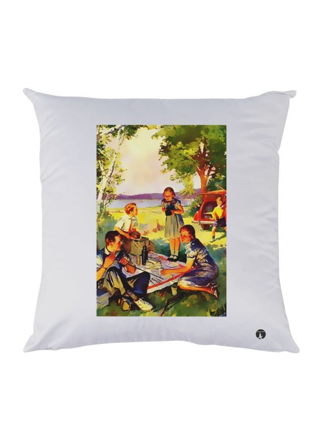 بي بي وسادة زينة بطبعة مشهد لنزهة أبيض/أخضر/أزرق 30x30سم