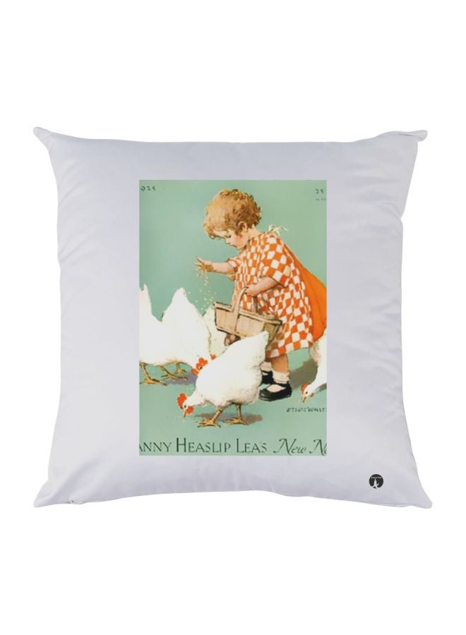 BP Feeding Chickens Printed Decorative Throw Pillow White/Green/Orange 30x30cm