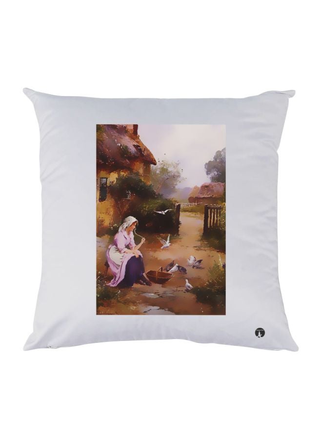 BP Village Scene Printed Decorative Throw Pillow White/Brown/Green 30x30cm