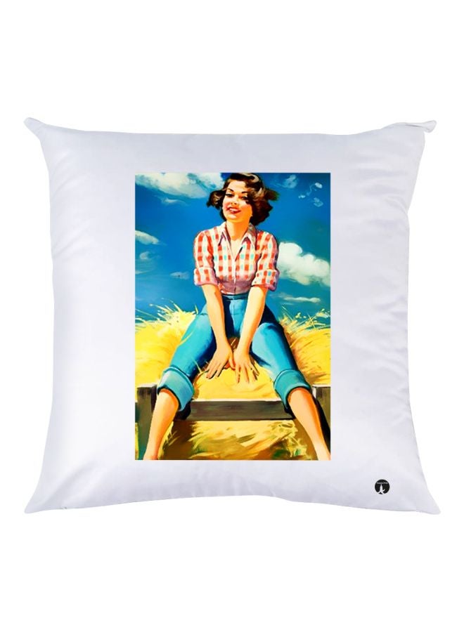 بي بي وسادة زينة للديكور مزينة برسمة فتاة أبيض/أزرق/أصفر 30x30سم