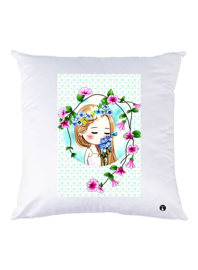 BP Cartoon Girl Printed Decorative Throw Pillow White/Pink/Green 30x30cm