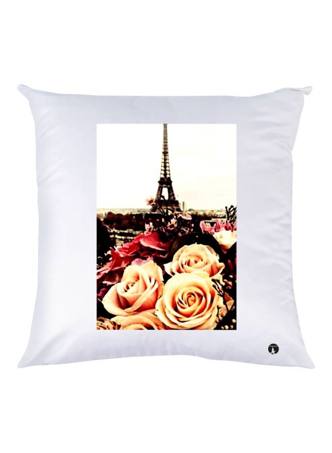 بي بي وسادة ديكور مزينة بطبعة تمثل برج إيفل مع زهور أبيض/أسود/بيج 30x30سم