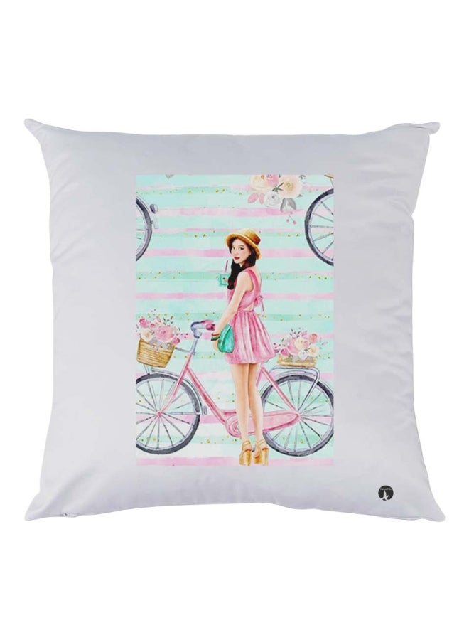 BP Girl And Cycle Printed Pillow White/Green/Pink 30x30cm