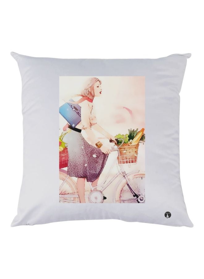 BP Girl Riding Cycle Printed Decorative Throw Pillow White/Beige/Purple 30x30cm