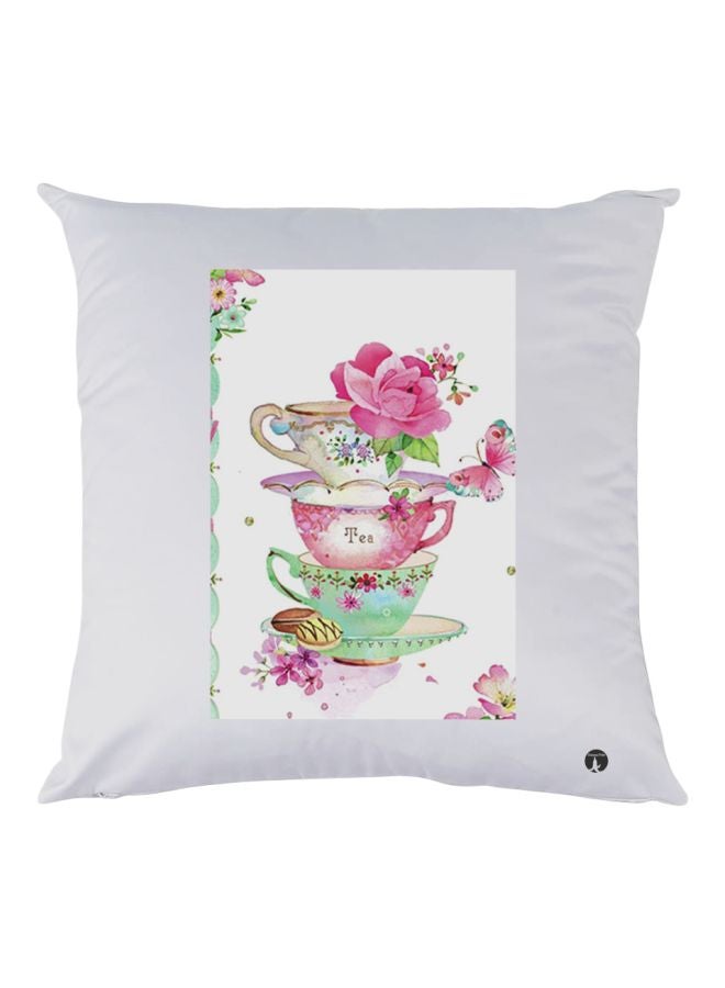 بي بي وسادة زينة مطبوع عليها أكواب شاي وزهور أبيض/وردي/أخضر 30x30سم