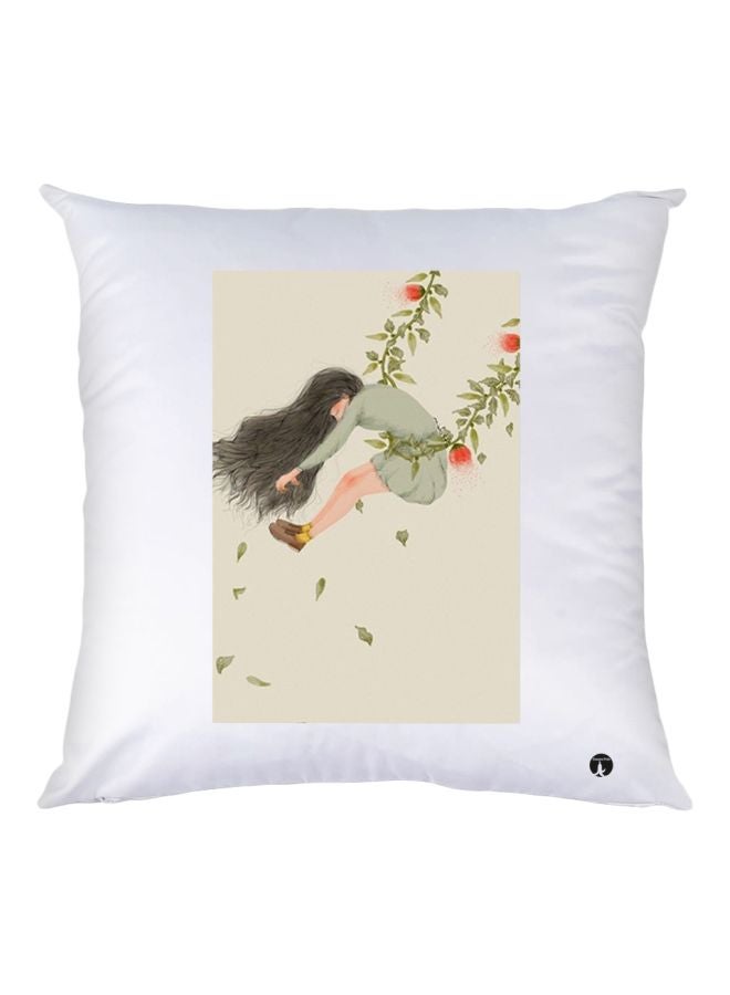BP Cartoon Girl Printed Decorative Throw Pillow White/Green/Beige 30x30cm