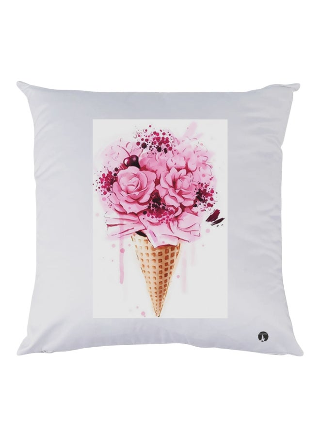 بي بي وسادة زينة بطبعة مخروط آيس كريم عليه ورود أبيض/ وردي/ بيج 30x30سم