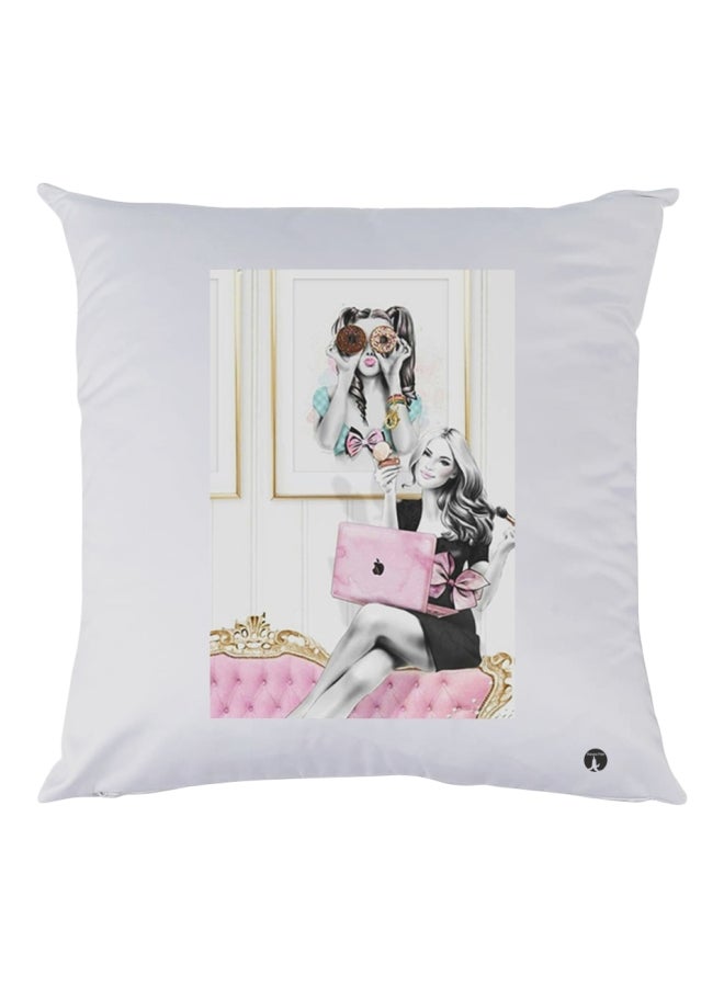 بي بي وسادة زينة للديكور مزينة برسمة فتاة أبيض/وردي/أسود 30x30سم