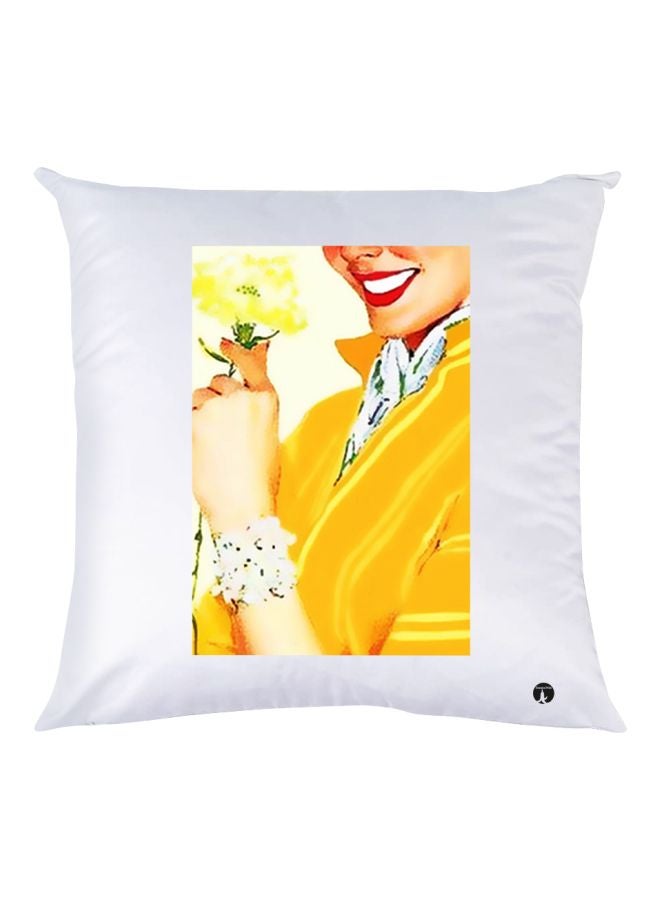 BP Lady With Flower Printed Decorative Throw Pillow White/Yellow/Red 30x30cm