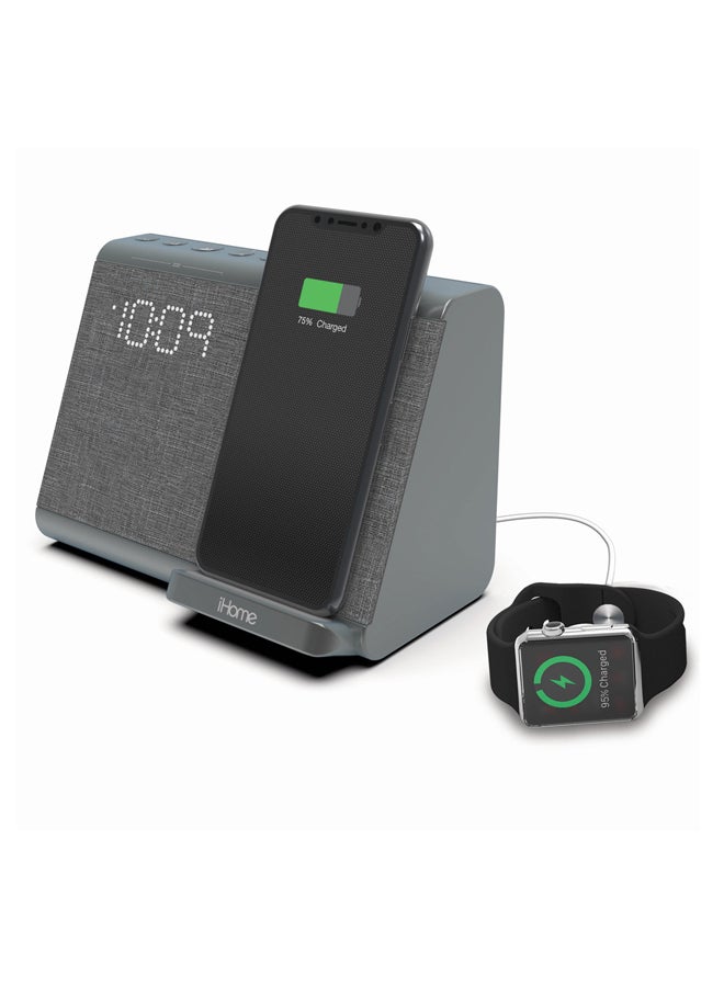 iHome Bluetooth Dual Alarm Clock With Speakerphone And USB Charging Port Grey - Image 4