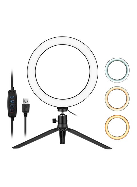 8-Inch Desktop LED Ring Light 3200K-5500K Dimmable 3 Light Modes 10 Brightness Levels With Mini Tripod Ballhead Adapter For Live Streaming Online Video Makeup Photography Black