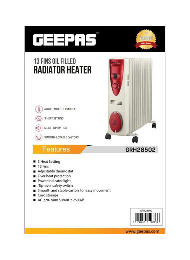 GEEPAS - 13 Fins Oil Filled Radiator Heater| 3 Heat Settings | Adjustable Thermostat | Overheat Protection, Tip-Over Safety Switch | Portable Heater | Power Indicator Light Cord Storage GRH28502 White/Red - Image 1