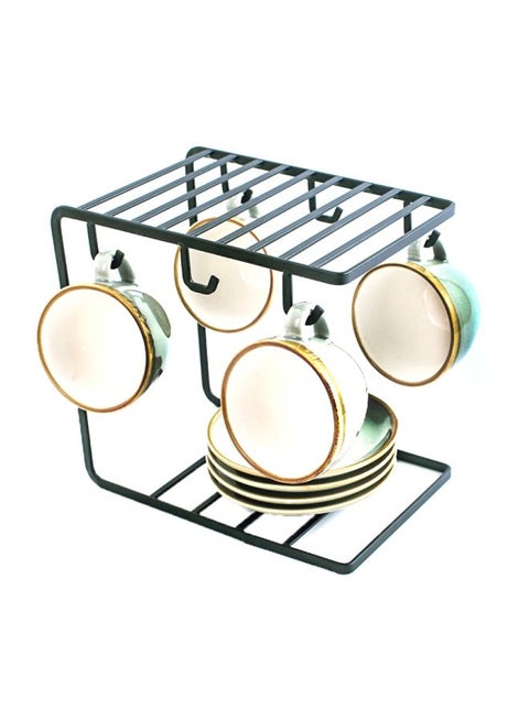 Set Of 4 Ceramic Tea Cup And Saucer With Stand Green