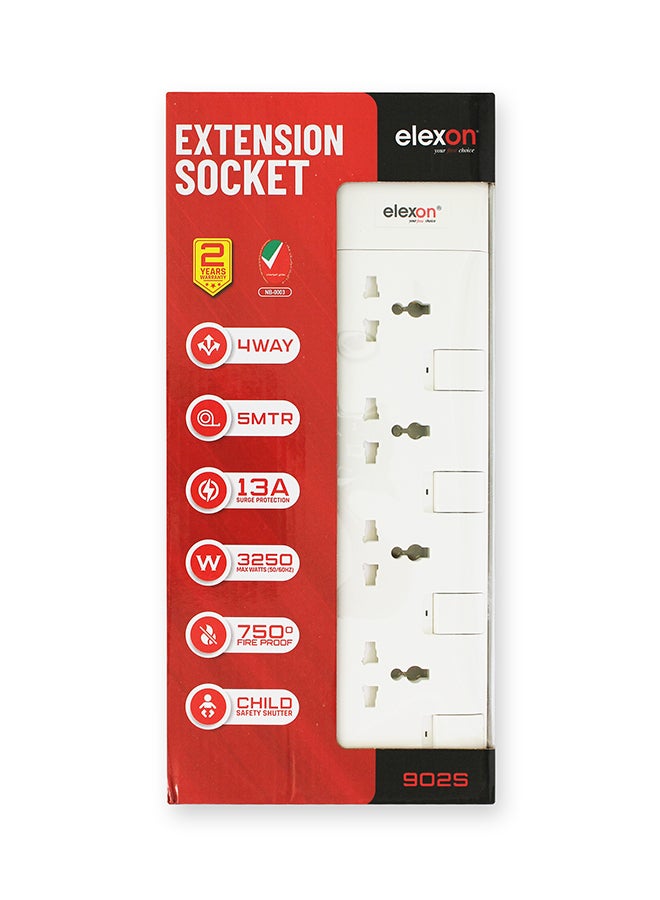 elexon - 4-Way Power Extension Socket Adapter White 5meter - Image 1