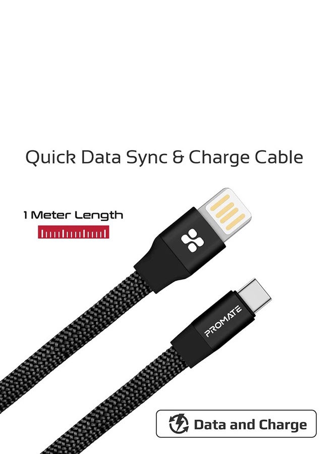 PROMATE - Auto-Coiling USB-C Cable, Premium Fabric Braided Aluminium Alloy Reversible USB-A to Type-C Cable With 2A Fast Charge And Sync 100 Centimeter Cord For All Type-C Smartphones, Tablet, Coiline-C Black - Image 1