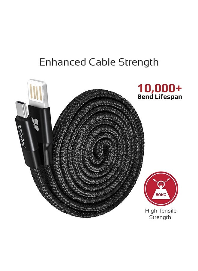 PROMATE - Auto-Coiling USB-C Cable, Premium Fabric Braided Aluminium Alloy Reversible USB-A to Type-C Cable With 2A Fast Charge And Sync 100 Centimeter Cord For All Type-C Smartphones, Tablet, Coiline-C Black - Image 1