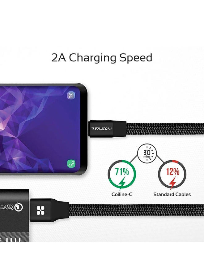 PROMATE - Auto-Coiling USB-C Cable, Premium Fabric Braided Aluminium Alloy Reversible USB-A to Type-C Cable With 2A Fast Charge And Sync 100 Centimeter Cord For All Type-C Smartphones, Tablet, Coiline-C Black - Image 1