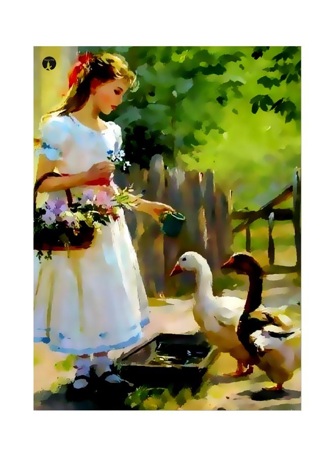 بي بي لوحة بنمط معدني بطبعة فتاة تطعم البط أخضر/أبيض/أحمر 20x15سم