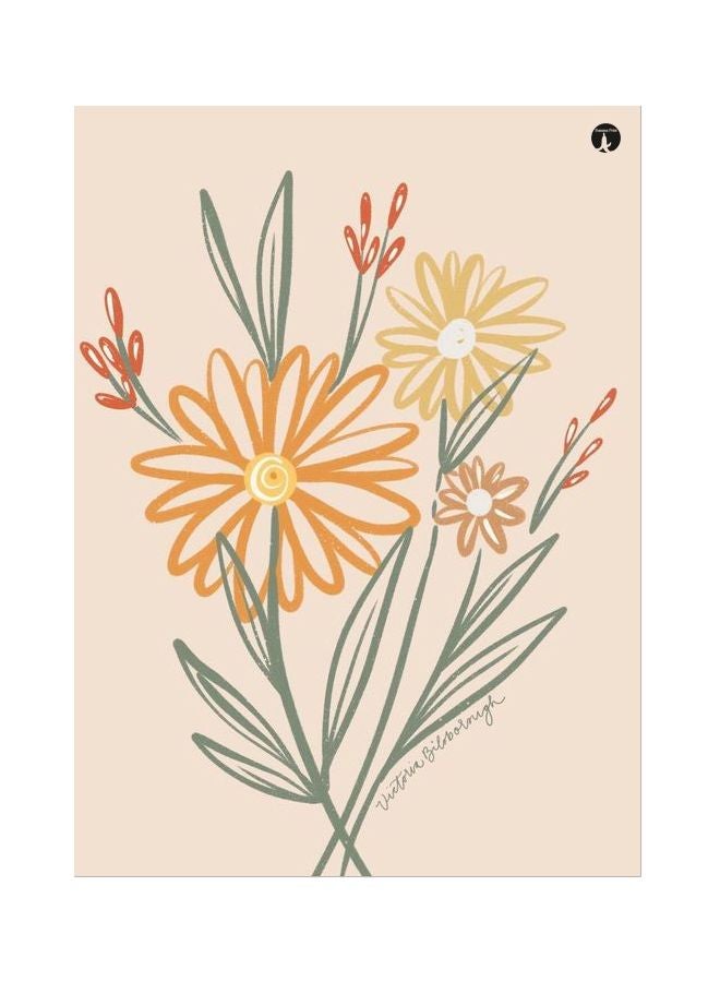 BP Floral Themed Decorative Metallic Plate Beige/Green/Orange 20x15cm