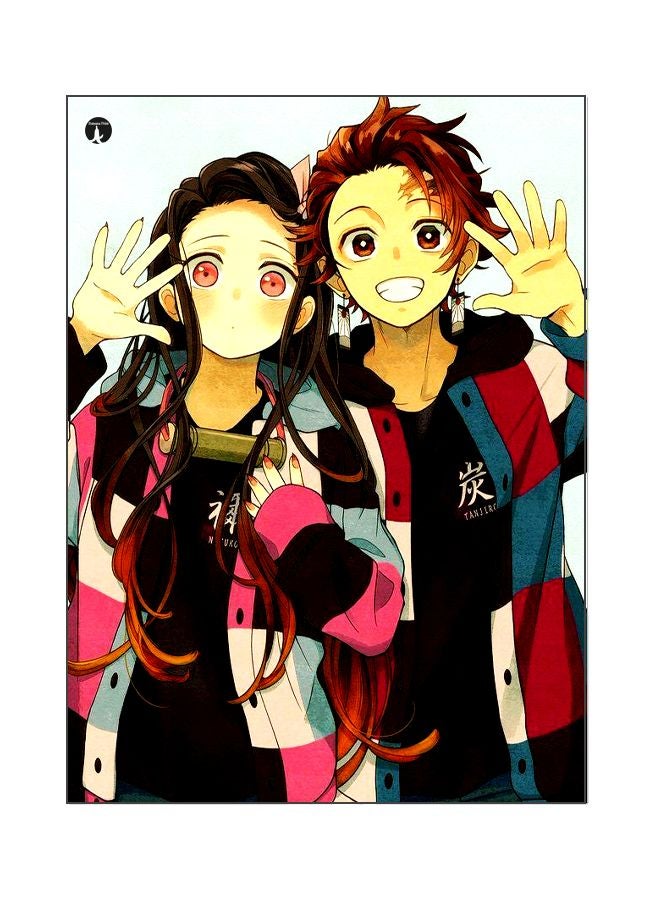 لوح للزينة من المعدن بطبعة رسوم كرتونية لفتاة وصبي بيج/ وردي/ أسود 20x15سم