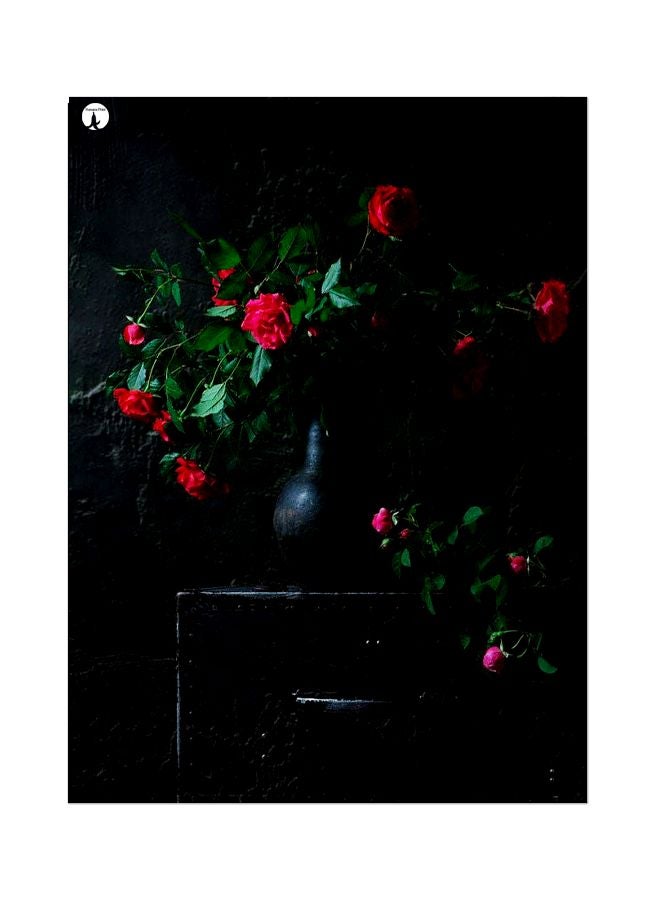 لوحة معدنية للزينة بطبعة زهرة أسود/ أحمر/ أخضر 20x15سم