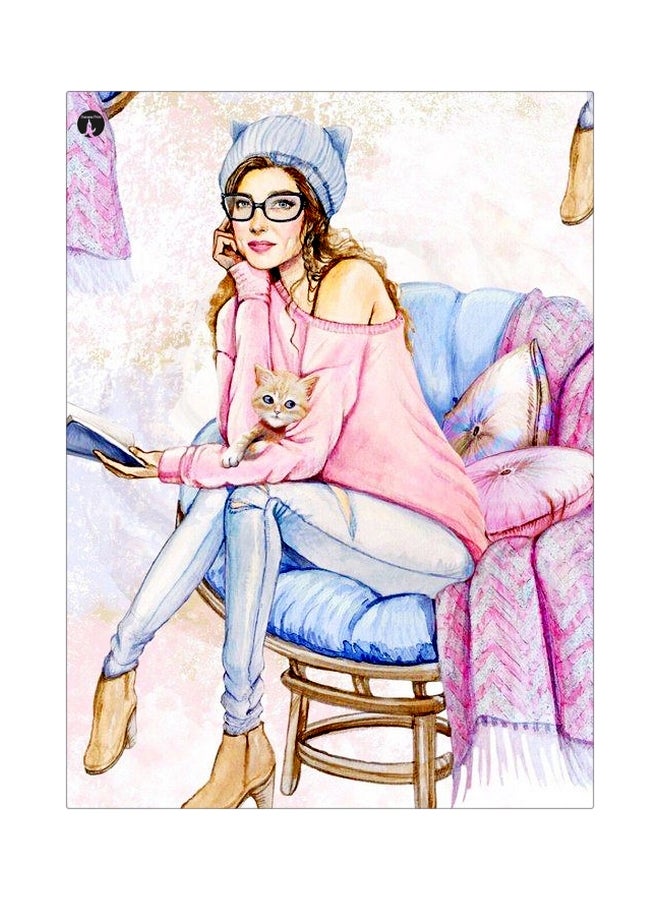 BP Girl With Cat Themed Metallic Plate Pink/Blue/Beige 20x15cm