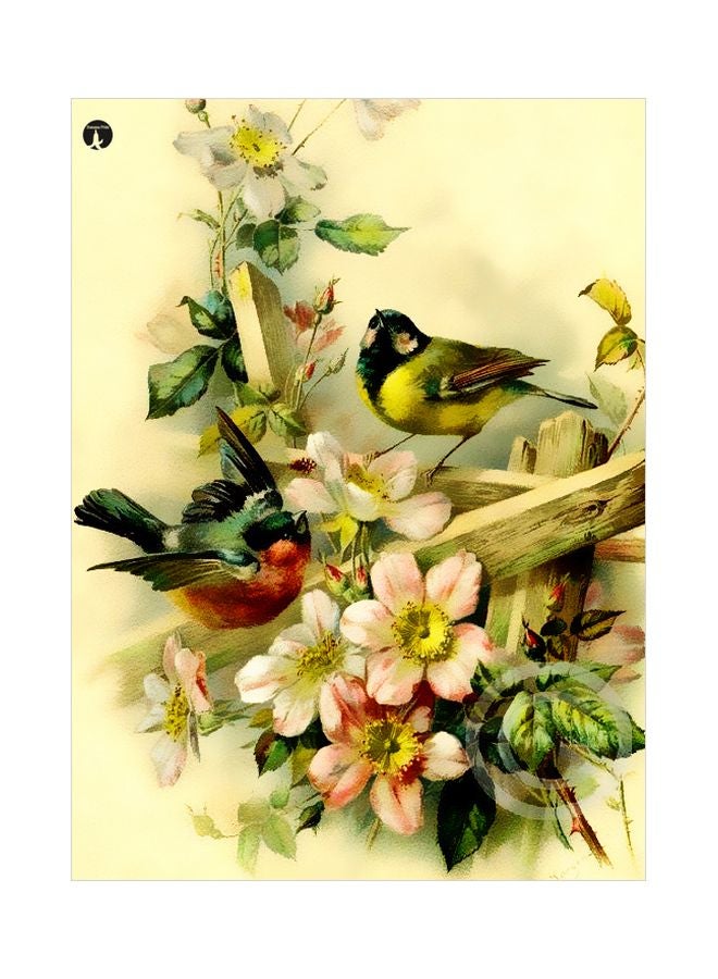 BP Flowers And Birds Themed Decorative Metallic Plate Beige/Green/Peach 20x15cm 