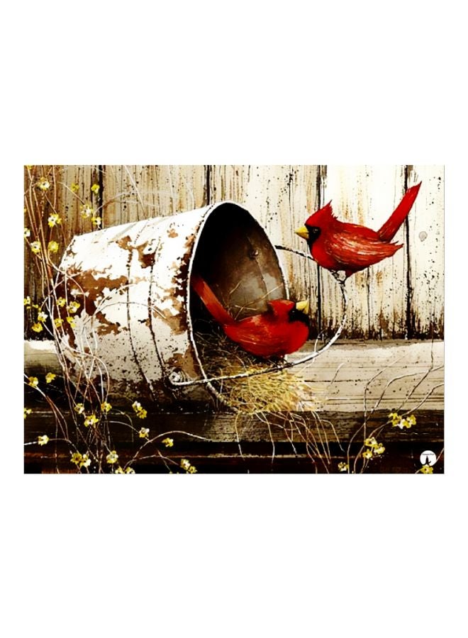 Birds Themed Decorative Metallic Plate Beige/White/Red 20x15cm