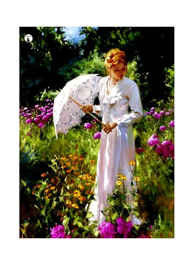 BP Lady With Umbrella Themed Decorative Metallic Plate Green/White/Purple 20x15cm