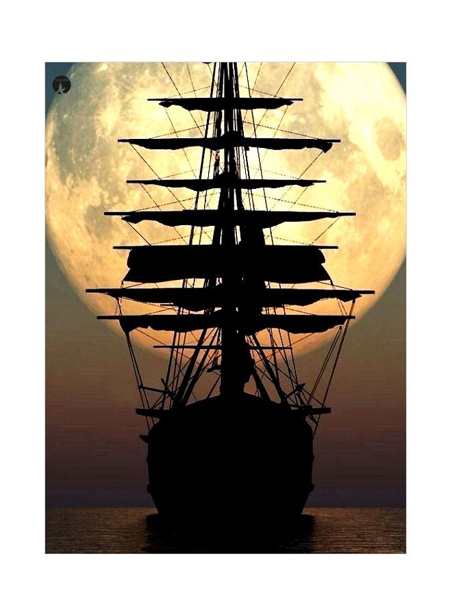 لوحة معدنية بتصميم سفينة أسود/أصفر/بني 20x15سم