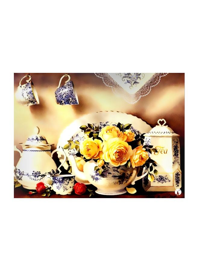 طبق معدني بتصميم مستوحى من طقم الشاي أبيض/أزرق/بني 20x15سم