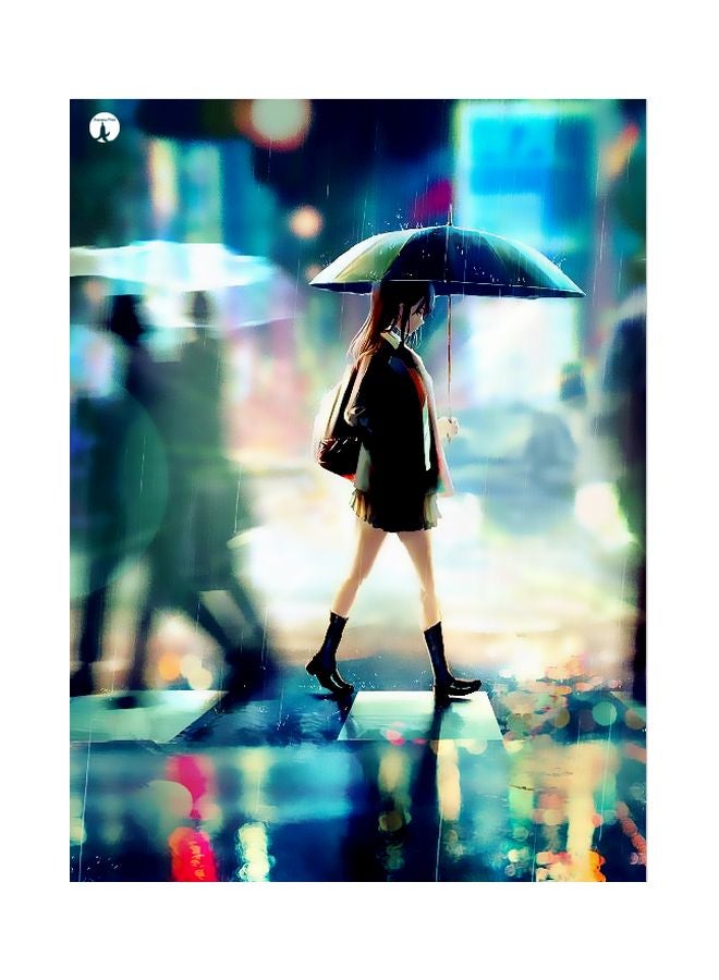 بي بي لوحة بنمط معدني وتصميم فتاة تسير تحت الأمطار للديكور أسود/ أزرق/ بني 20x15سم