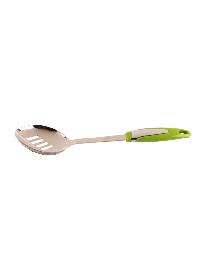 Meadows - Stainless Steel Slotted Skimmer Spoon With Plastic Handle Green/Silver 32cm - Image 1