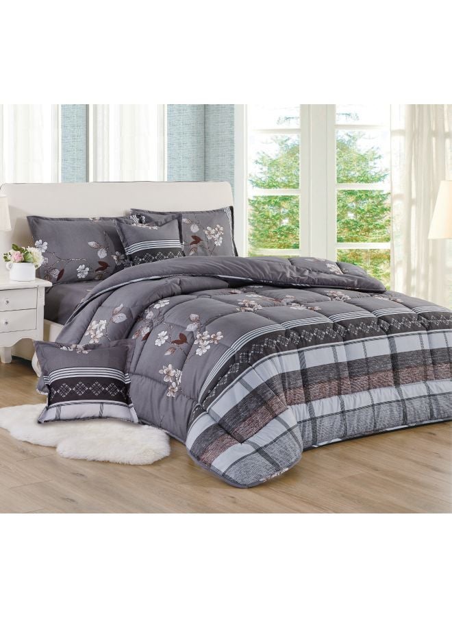Sleep night 6-Piece Floral Printed Comforter Set Polyester Grey/White/Brown King  - Image 1