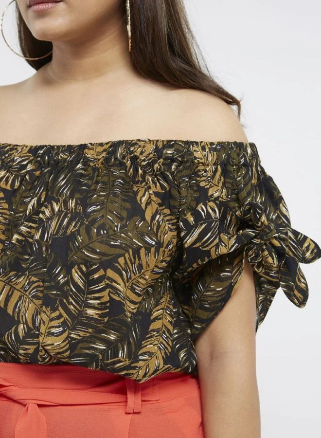 BRAVE SOUL Leaf Printed Bardot Dress Multicolour
