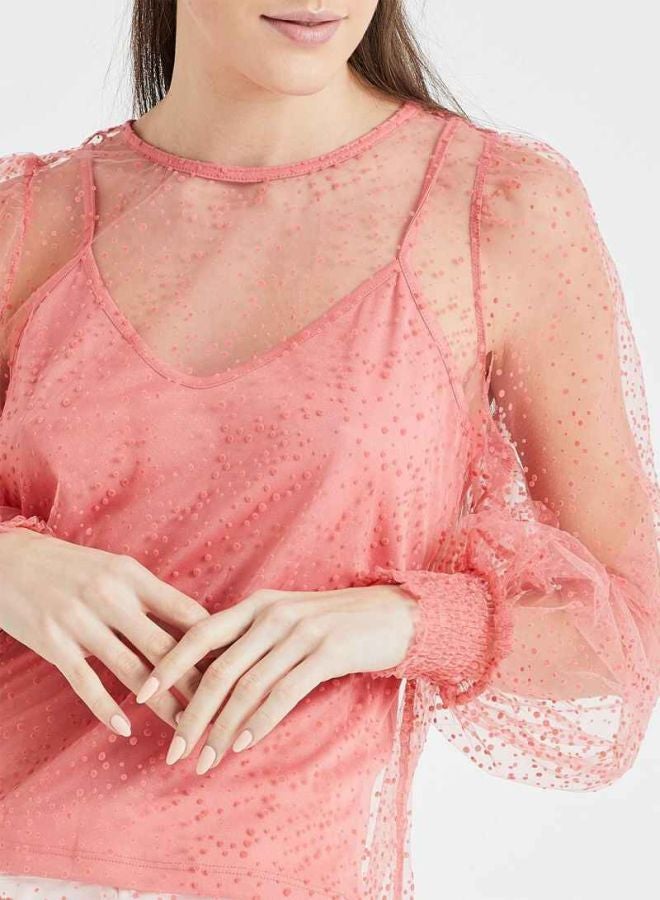 VERO MODA Overlay Mesh Top Pink - Image 4