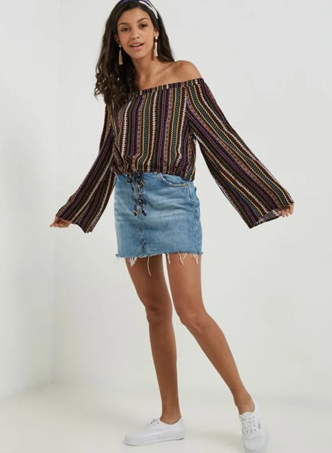 BRAVE SOUL Mixed Print Off Shoulder Top Multicolour