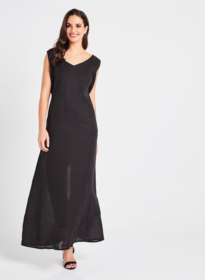 ZYLIST Solid Printed V-Neck Sleeveless Dress Black  - Image 1