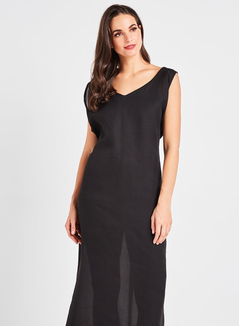 ZYLIST Solid Printed V-Neck Sleeveless Dress Black  - Image 3