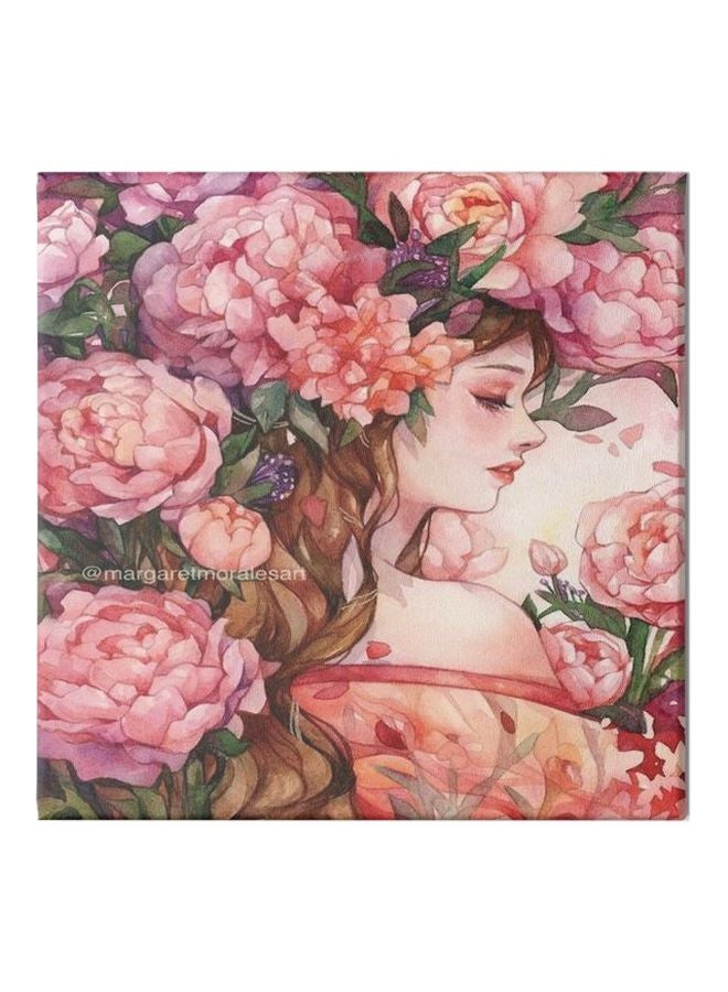 Girl Among The Roses Themed Canvas Framed Painting Pink/Brown/Green 50x50cm - Image 1