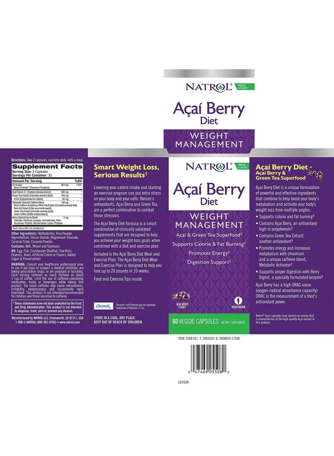 NATROL - Acai Berry Diet Weight Management Dietary Supplements - 60 Veggie Capsules - Image 1