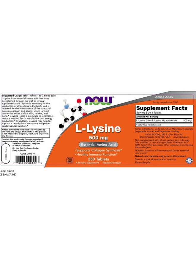 Now Foods L-Lysine Amino Acid Supplement - 250 Tablets  - Image 2