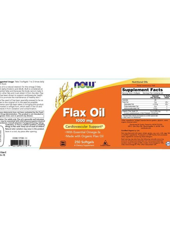 Now Foods Flax Oil Dietary Supplement 1000mg - 250 Softgels - Image 3