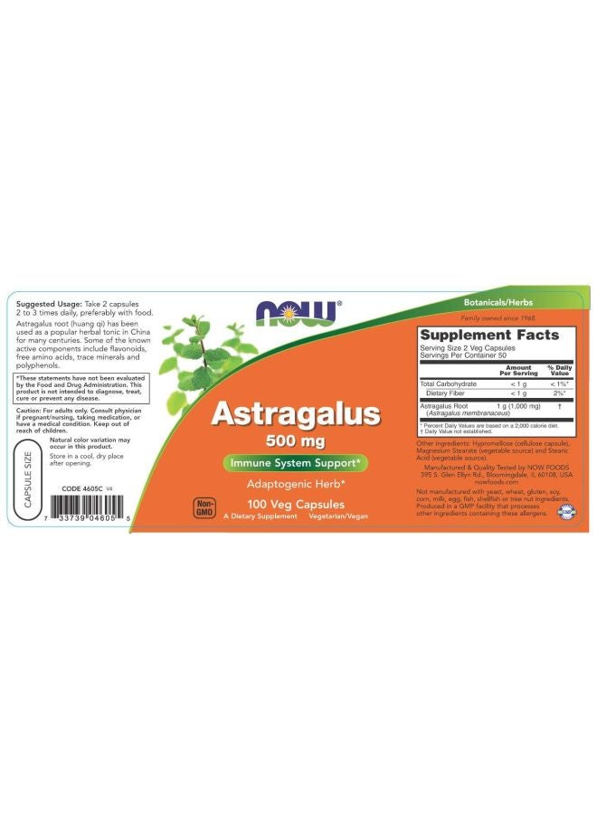 Now Foods - Astragalus 500mg Dietary Supplement - 100 Capsules - Image 1