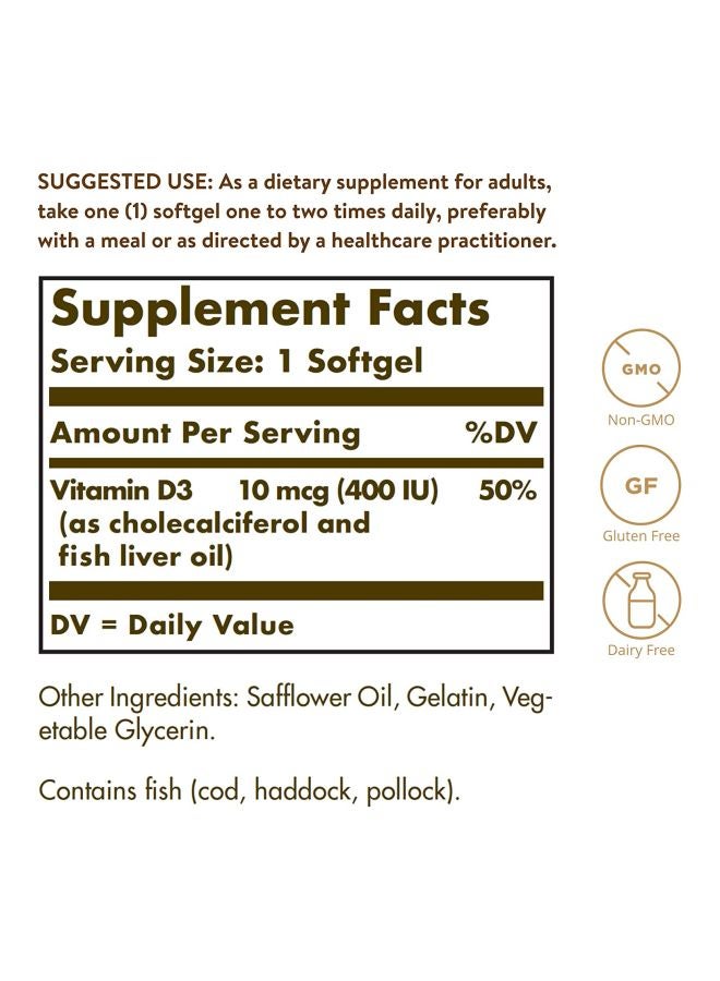 Solgar Vitamin D3 Dietary Supplement - 250 Softgels - Image 2