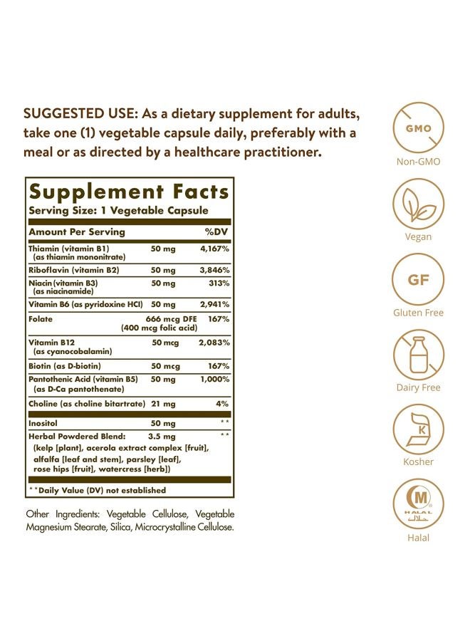 Solgar B-Complex "50" Dietary Supplement - 250 Vegetable Capsules - Image 4