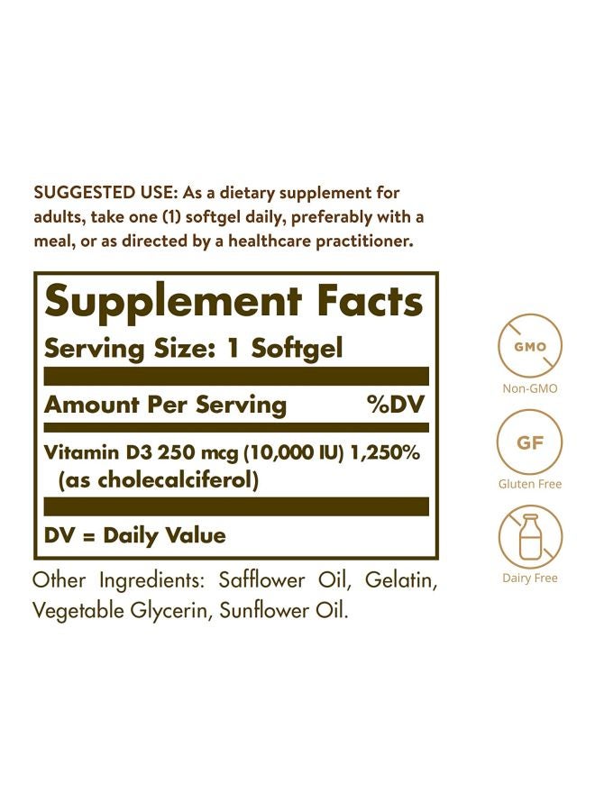 Solgar Pack Of 2 Vitamin D3 250 MCG Dietary Supplement - 120 Softgels - Image 3