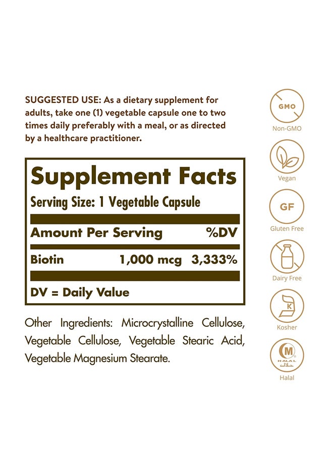 Solgar Biotin 1000 MCG Dietary Supplement - 250 Vegetable Capsules - Image 5